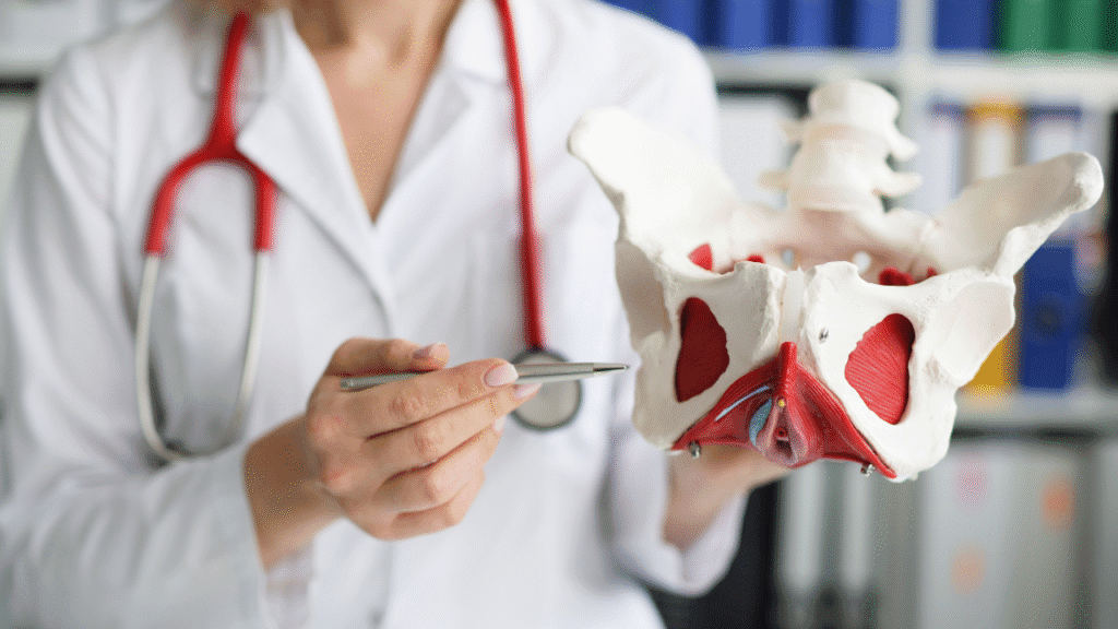 Healthcare professional showing a model pelvis to help explain pelvic health.