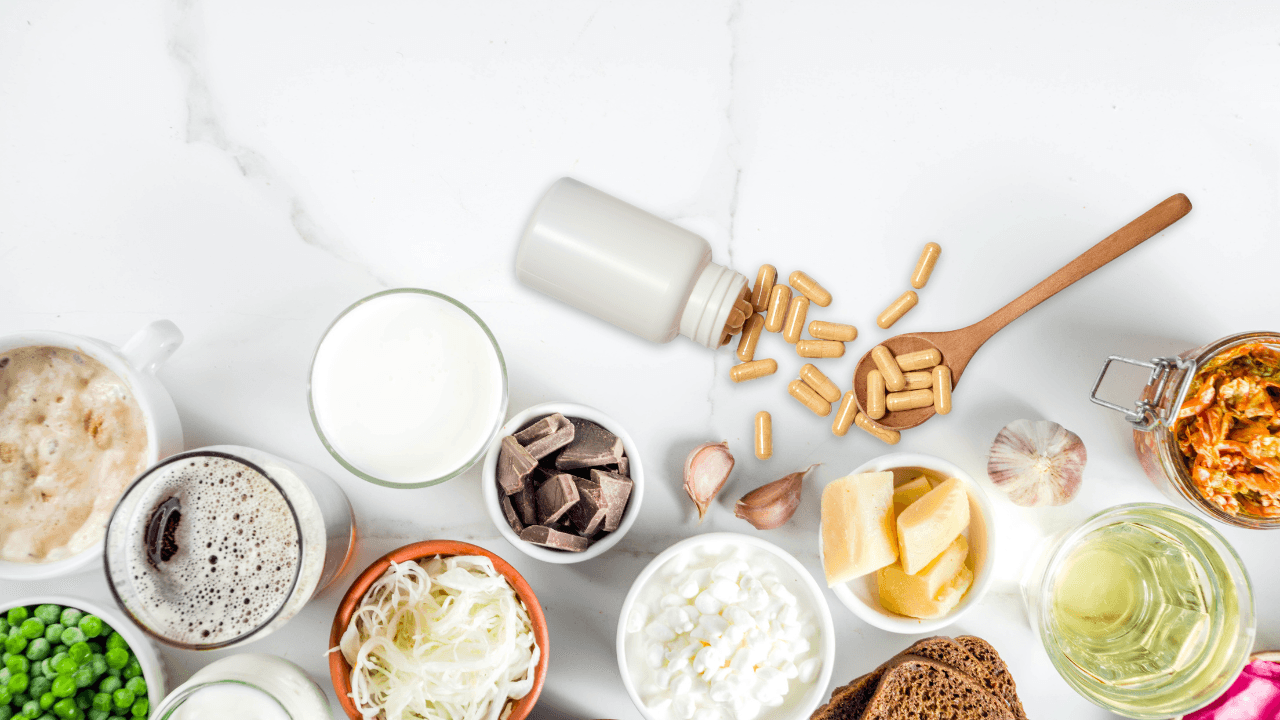 Various probiotic rich food and probiotic supplements to help support a healthy vaginal microbiome and pelvic health.